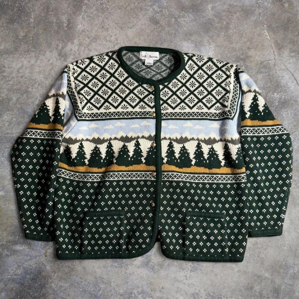 Vintage Croft & Barrow Nordic Forest Scene Cardigan Sweater Size L